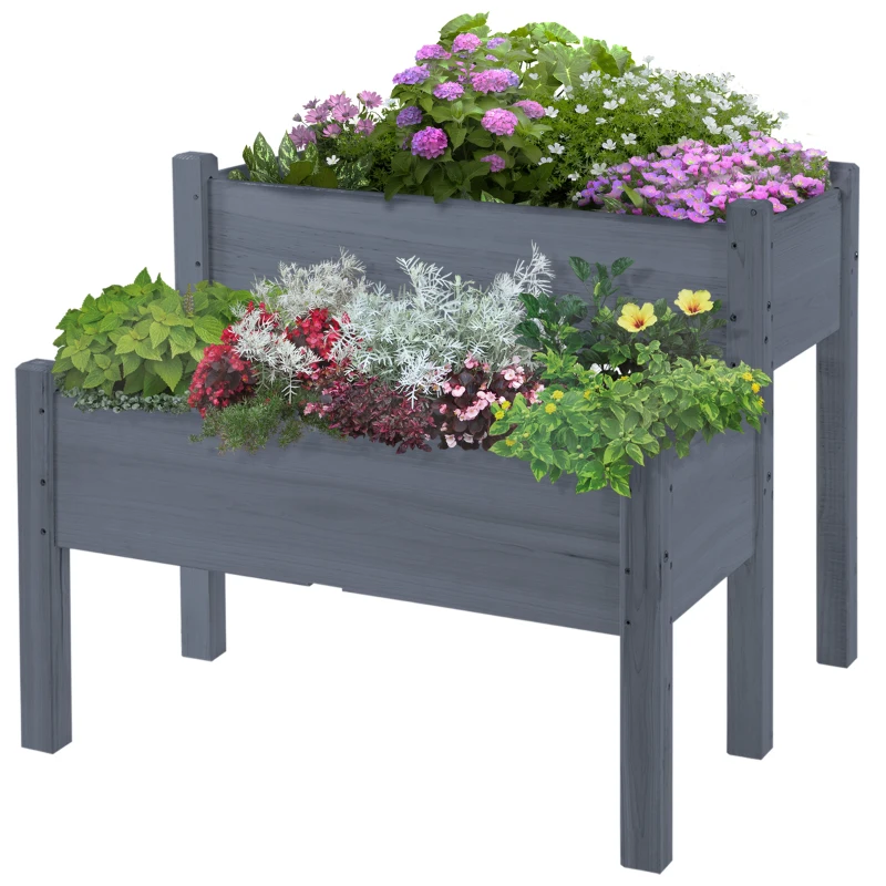 Outsunny 34"x34"x28" Raised Garden Bed 2-Tier Wooden Planter Box for Backyard, Patio to Grow Vegetables, Herbs and Flowers, Gray