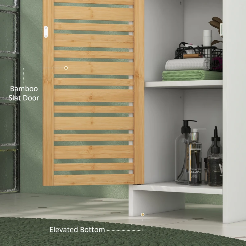 HOMCOM Tall Bathroom Cabinet with Bamboo Doors, Bathroom Storage Cabinet with Adjustable Shelves and Open Compartments, White