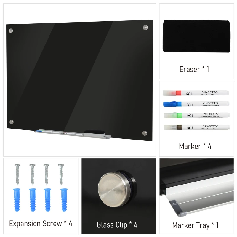 Vinsetto 35.5" x 23.5" Glass Magnetic Dry Erase Blackboard, Frameless Board on Wall, with Dry Eraser, 4 Markers, and Pen Holder, Black