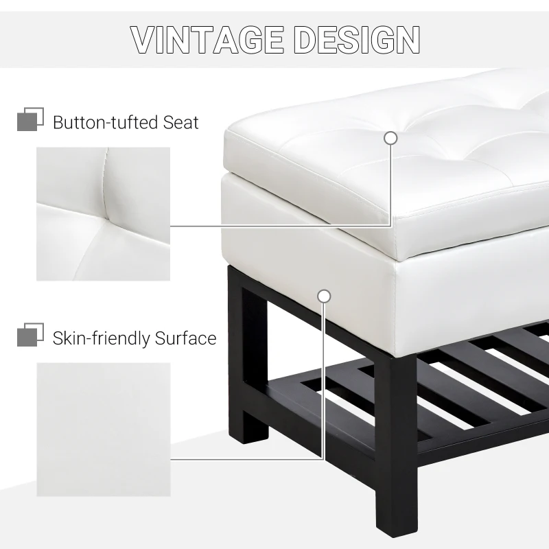 HomCom 44" Tufted Faux Leather Ottoman Storage Bench With Shoe Rack - White