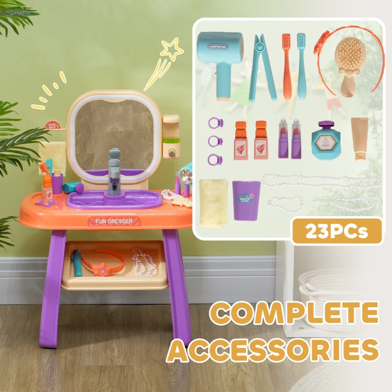 Qaba Kids Vanity Set with Mirror, LED Light, Music, 23 Accessories, Pretend Play Set for Girls 3-6 Years, Purple