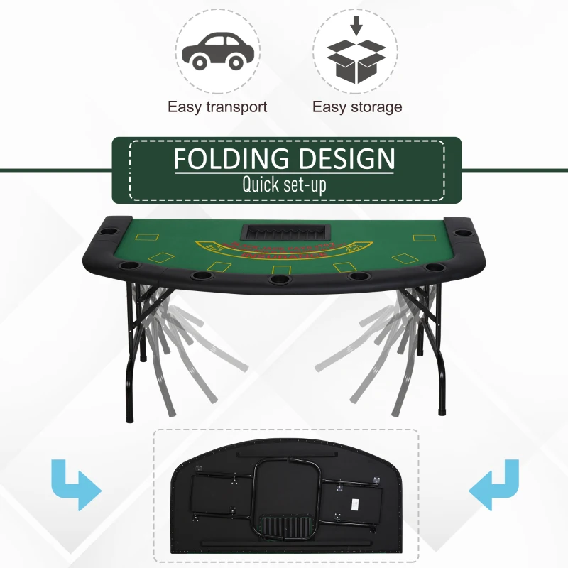 Soozier Poker Table Foldable, 72" Blackjack Table for 7 Players with Chip & Cup Holder, Green Felt