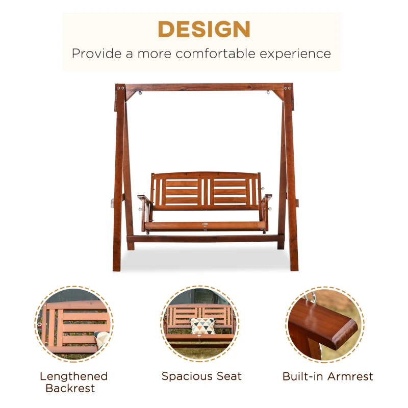 Outsunny 2 Seater Wooden Outdoor Patio Porch Swing with Stand, Wide Backrest, Adjustable Chains, for Garden, Poolside, Backyard
