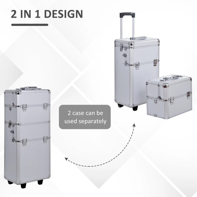 HOMCOM Pro 3 in 1 Portable Aluminum Makeup Cases Rolling Cosmetic Organizer Box, Black (Silver)