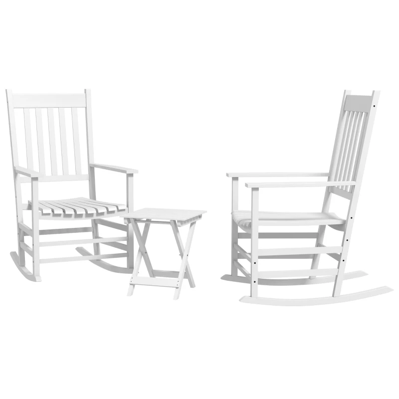 Outsunny 3 Pieces Outdoor Rocking Chair Set, Wooden Patio Rocking Chair Set with Folding Table, High Back and Armrests, White