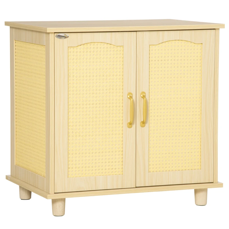 PawHut Cat Litter Box Enclosure with Soft Cushion, Indoor Cat Washroom Storage Bench End Table with PE Rattan Trim, Magnetic Doors, Easy Assembly, Oak