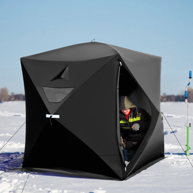 Outsunny 2-4 People Ice Fishing Shelter, Pop-Up Portable Ice Fishing Tent with Carry Bag, Two Doors, Windows and Vents, Ice Shanty for Winter Fishing, Black
