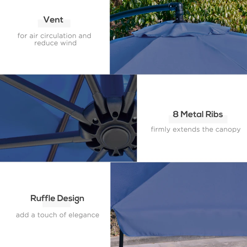Outsunny 11FT Offset Hanging Patio Umbrella Cantilever Umbrella with Easy Tilt Adjustment, Cross Base and 8 Ribs for Backyard, Poolside, Lawn and Garden, Blue