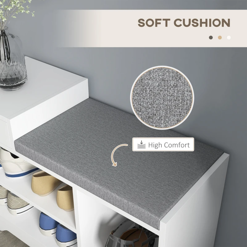 HOMCOM Upholstered Shoe Storage Bench, Hallway Shoe Storage with Seat, Drawer, 3 Open Shelves for Entryway, White