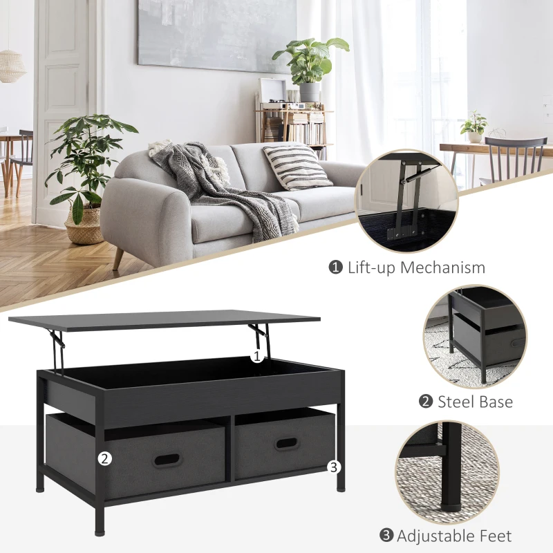 HOMCOM Industrial Coffee Table, Lift Top Coffee Table with Storage, Live Edge Coffee Table with Open Shelves and Fabric Boxes