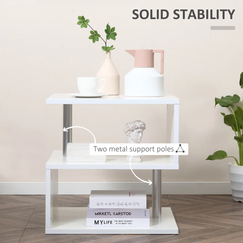 HOMCOM Wooden S Shape End Table 3 Tier Storage Shelves Organizer Living Room Side Table Desk White