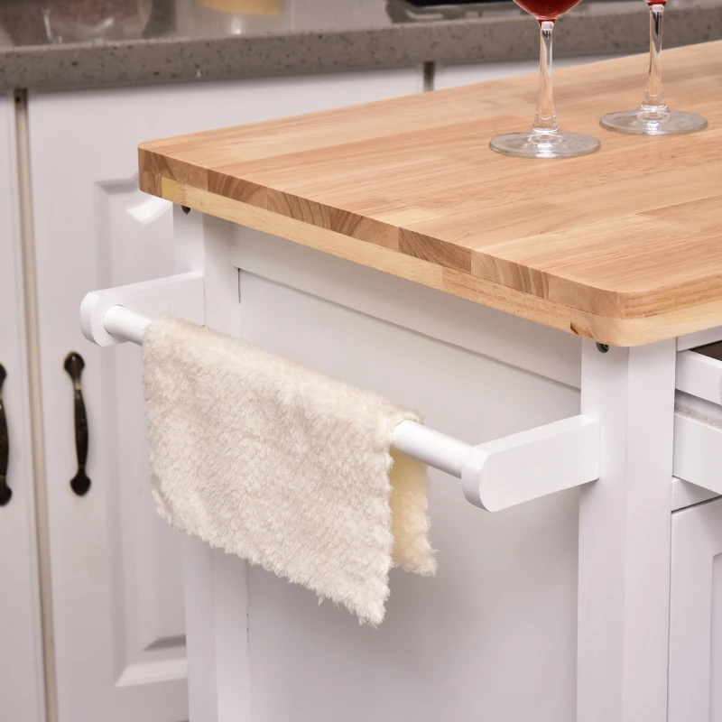 HOMCOM Kitchen Storage Cabinet Trolley Serving Cart Rubber Wood top Rolling Kitchen Island with Towel Rack and Drawer White