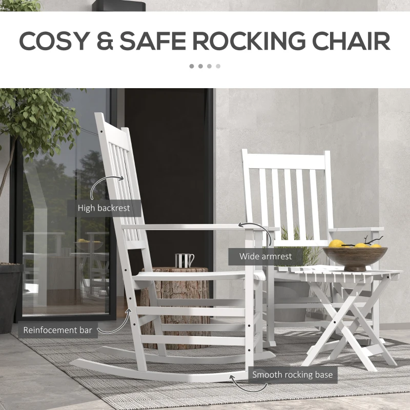 Outsunny 3 Pieces Outdoor Rocking Chair Set, Wooden Patio Rocking Chair Set with Folding Table, High Back and Armrests, White