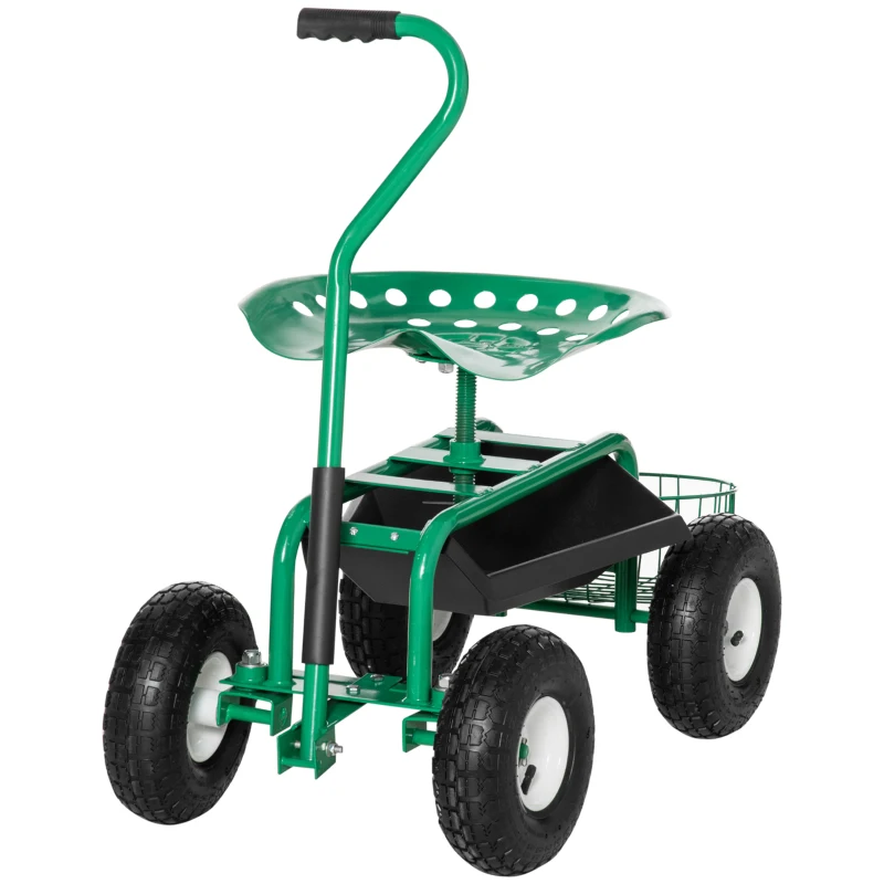 Outsunny Garden Scooter, Rolling Cart with Swivel and Adjustable Seat, Tool Tray, Bucket Basket, Green and Black