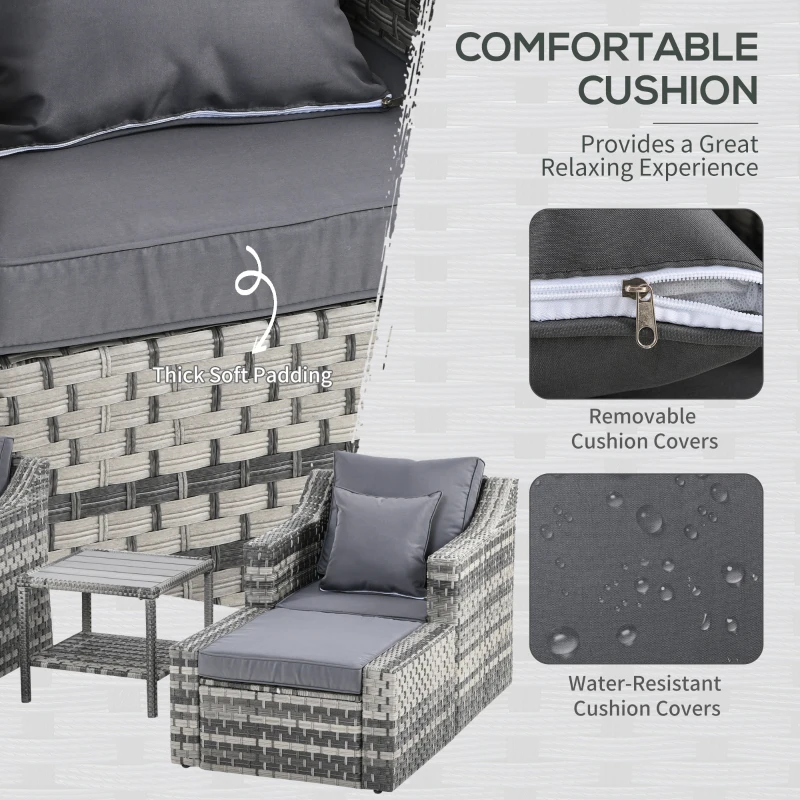 Outsunny 5pc Patio Furniture Set, All Weather PE Rattan Conversation Chair and Ottoman Set w/ Table, Cushion Pillows, Mixed Gray
