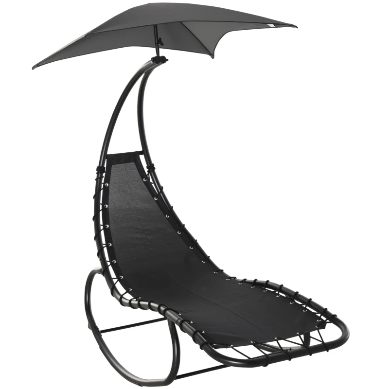 Outsunny Patio Rocking Chaise Lounge Rocking Bed with Canopy Cushion Headrest Pillow