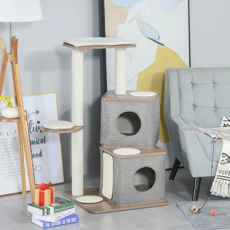 PawHut 44" H Feline Cat Tower Tree House with Sisal Scratching Posts, Soft Relaxing Cushions, & Many Perches/Condos
