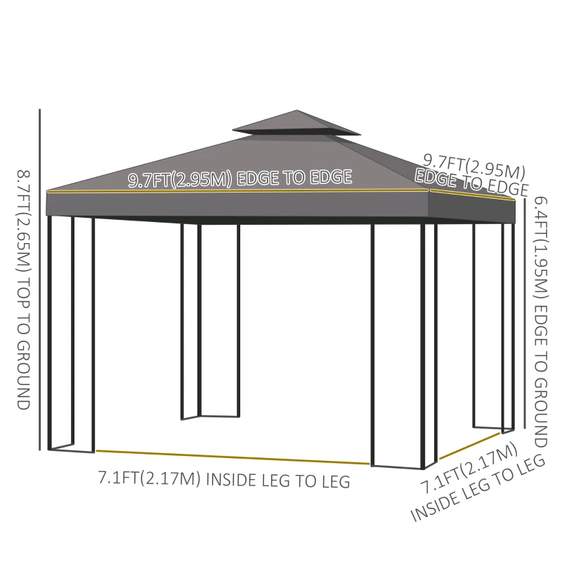 Outsunny 10' x 10' Patio Gazebo Outdoor, Canopy Shelter with Double-tier Roof, Pavilion Sidewalls for Garden Events, Brown