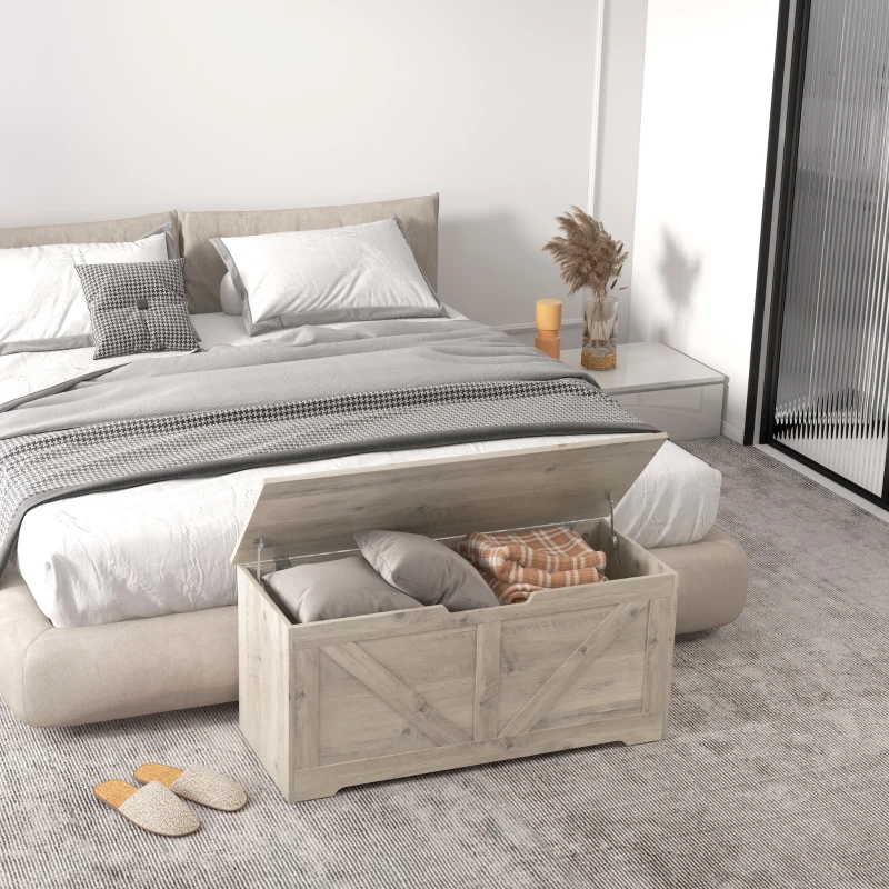 HOMCOM 39.4 Inches Storage Chest, Storage Trunk with 2 Safety Hinges, Wooden Box for Living Room, Grey Wood Grain