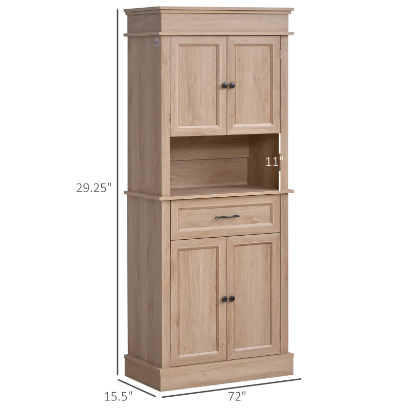 HOMCOM 72"H Modern Freestanding Kitchen Pantry Cabinet Cupboard with Doors Open Shelves Adjustable Shelving Microwave Space, Oak