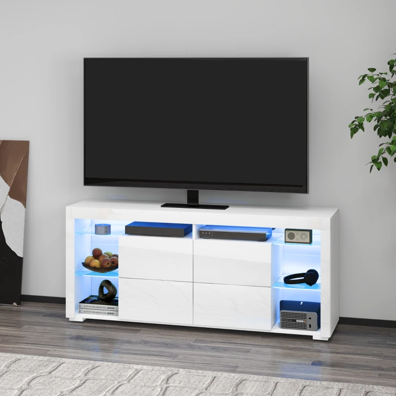 HOMCOM TV Stand with LED Lights for TVs up to 55", High Gloss TV Cabinet with Flip Doors and Glass Shelves, White