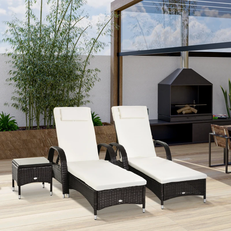 Outsunny Wicker Outdoor Chaise Lounge Chair Set of 3 with Side Table, 5-Level Adjustable Backrest PE Rattan Pool Lounge Chair with Wheels, Cushion & Headrest, Brown and Cream White
