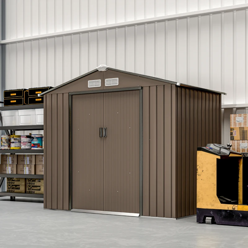 Outsunny 7' x 4' x 6' Garden Storage Shed Outdoor Patio Metal Tool Storage House w/ Foundation Kit and Double Doors Brown