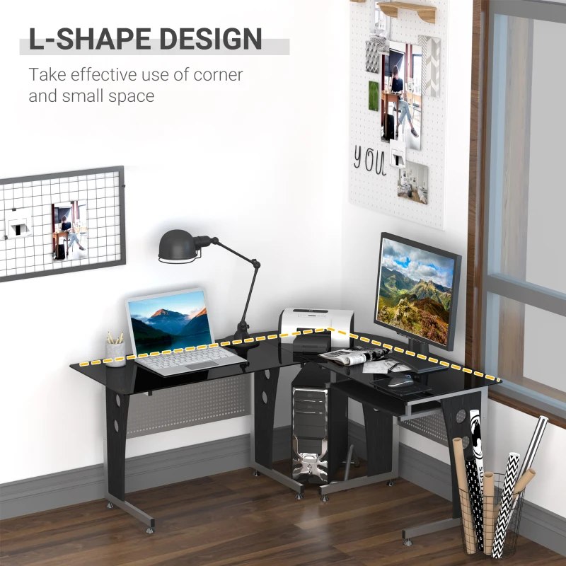 HOMCOM 64" Modern L-Shaped Glass Top Office Workstation Computer Desk PC Table