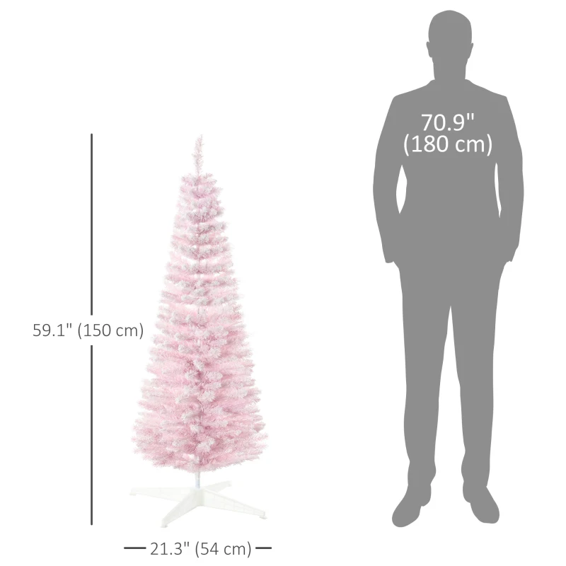 HOMCOM 5ft Flocked Christmas Tree, Pencil Artificial Christmas Tree with Realistic Branches, Pink