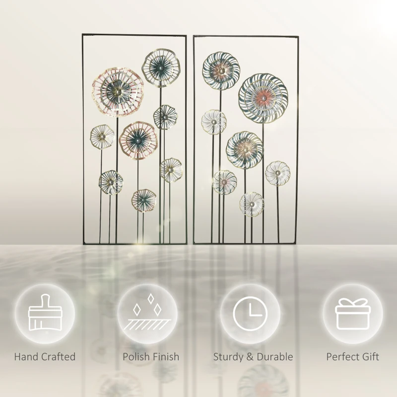 HOMCOM 3D Metal Wall Art Set of 2 Modern Flower Hanging Wall Sculpture Home Decor for Living Room Bedroom Kitchen 16"x32"x2, Blue Silver Gold