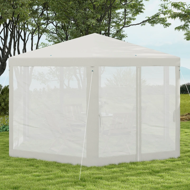 Outsunny Φ13' Hexagon Party Tent Patio Gazebo Outdoor Activity Event Canopy Quick Sun Shelter Pavilion with Netting Mesh Sidewall Cream White