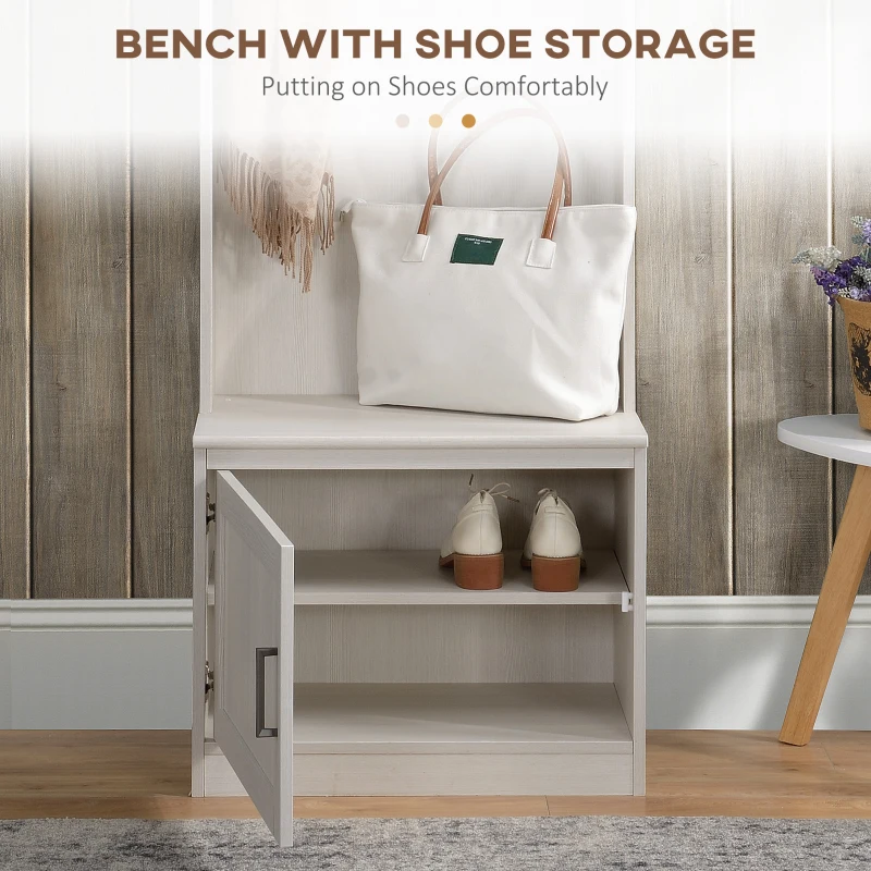HOMCOM Narrow Hall Tree with Shoe Storage Bench, Rustic Entryway Bench with Coat Rack, Accent Coat Tree with Storage Shelves for Hallway, Mudroom, White Wood Grain