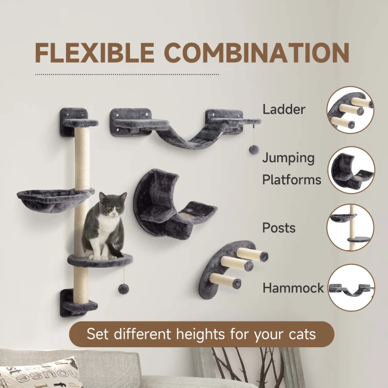 PawHut Cat Wall Shelf with Scratching Post, Play Balls, Platforms, Dark Grey