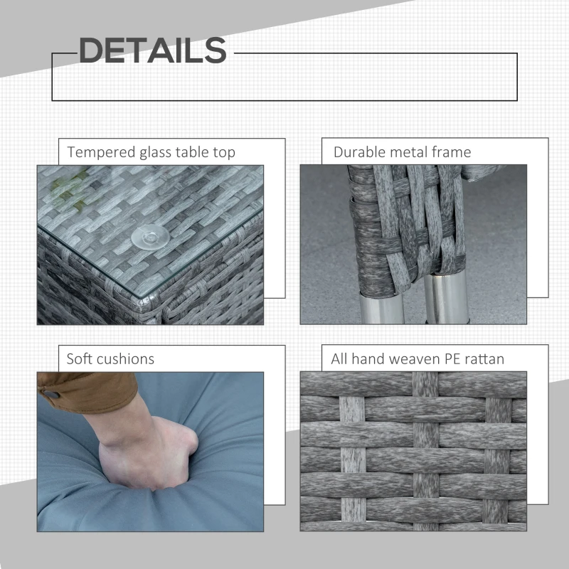 Outsunny 3 Piece Outdoor PE Rattan Patio Furniture Set Bistro Set w/ Cover, Tempered Glass Tabletop for Balcony, Pool, Grey