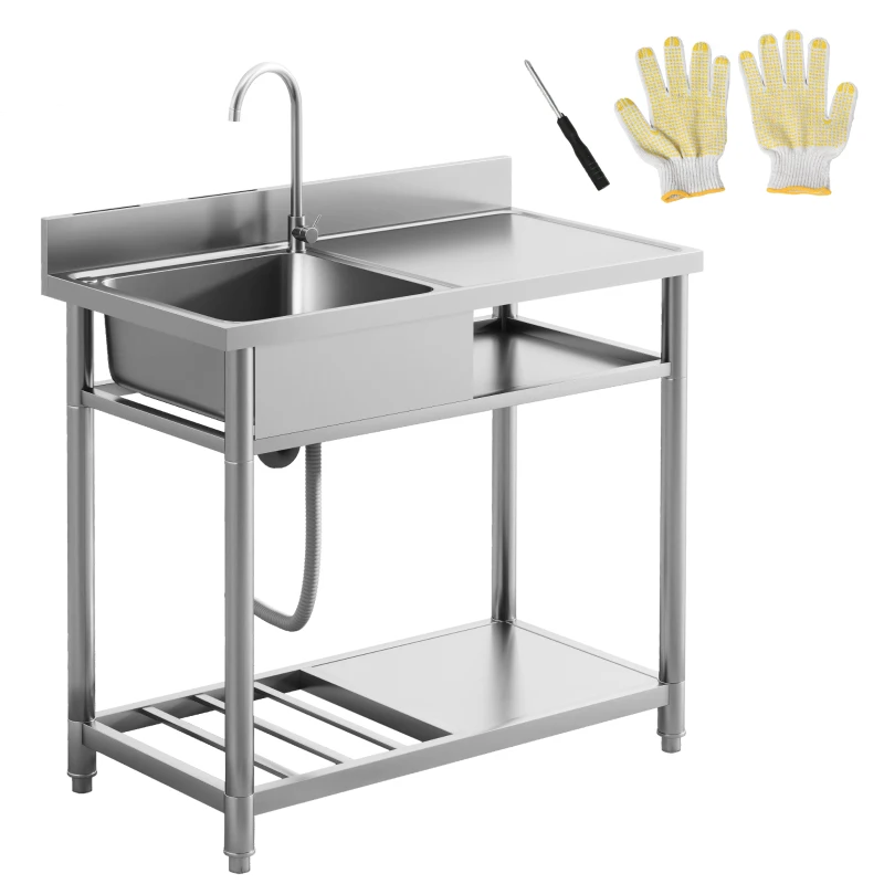 HOMCOM Stainless Steel Outdoor Utility Sink with Cold and Hot Water Pipe and Double Storage Shelves for Laundry Garage
