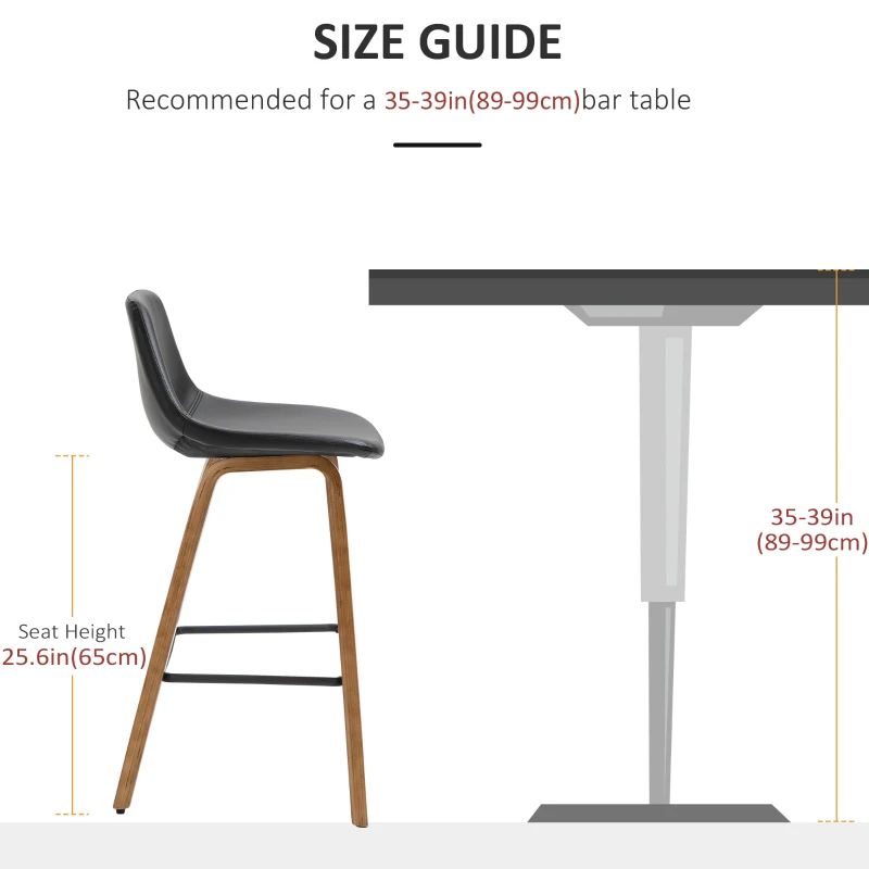HOMCOM Counter Height Bar stools Set of 2 Mid-Back PU Leather Bar Chairs with Wood Legs, Black