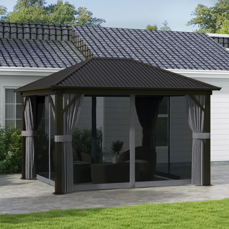 Outsunny 10' x 12' Hardtop Gazebo with Galvanized Steel Roof, Metal Canopy with Top Hook, Netting and Curtains, Dark Gray