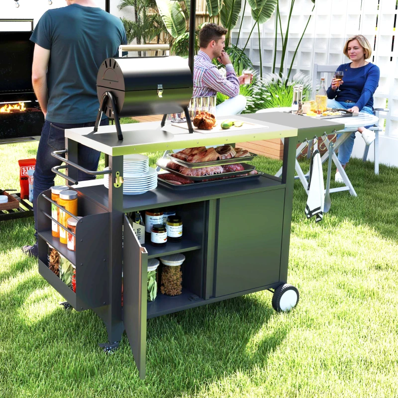Outsunny Outdoor Grill Cart with Foldable Side Table, Stainless Steel Tabletop, Pizza Oven Stand with Storage Rack, Wheels