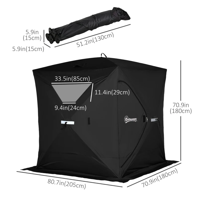 Outsunny 2-4 Person Pop-up Ice Fishing Tent Portable Ice Fishing Shelter with Windproof Windows and Carrying Bag Hub Fish Shelter, Black
