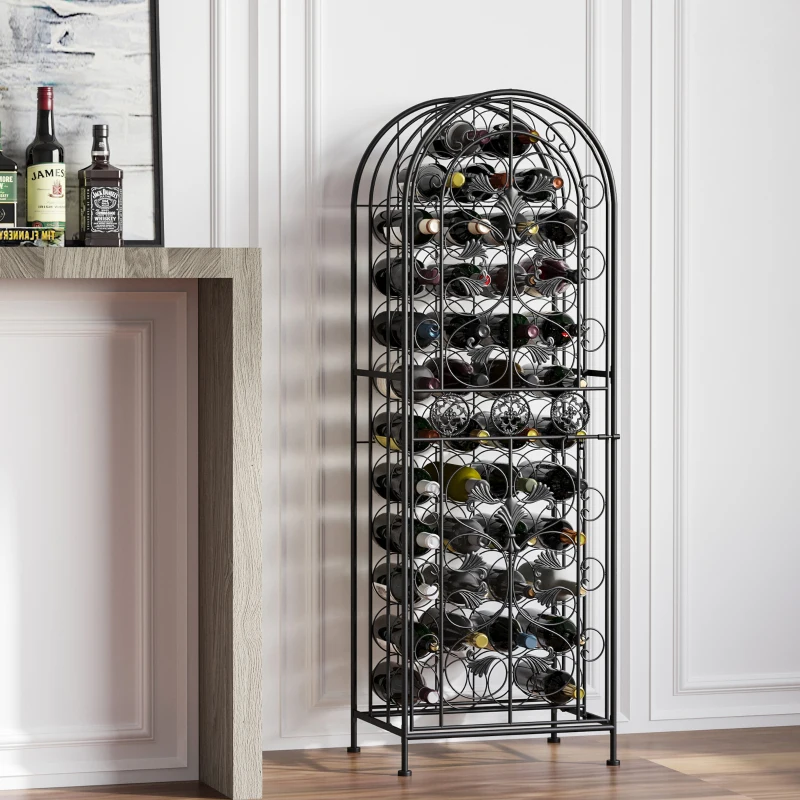 HOMCOM 45 Bottle Wrought Iron Wine Rack Jail with Lock - Black