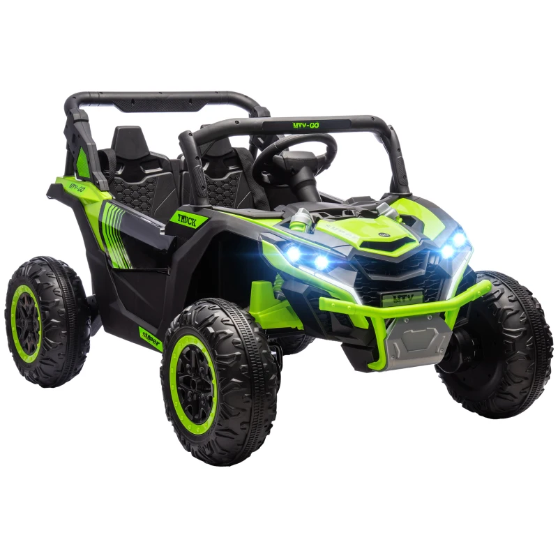 Qaba 24V 7AH Ride on Car, 2 Seater 4 MPH Ride on UTV with 4 Shock Absorbers, Music Horn LED Lights, for 3-8 Years, Green