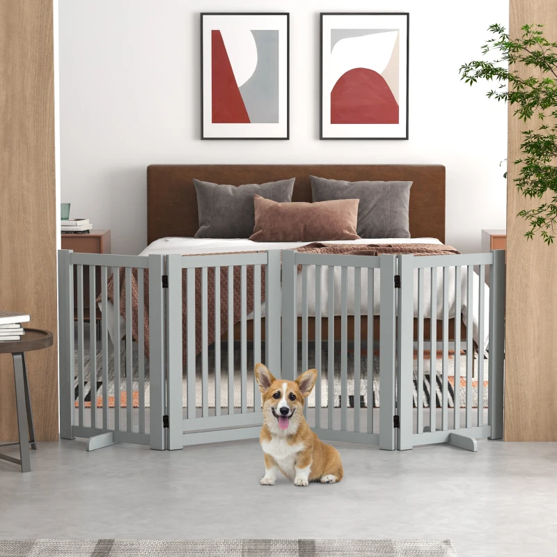 PawHut 4 Panel Free Standing Wooden Pet Gate with Open Door Light Grey