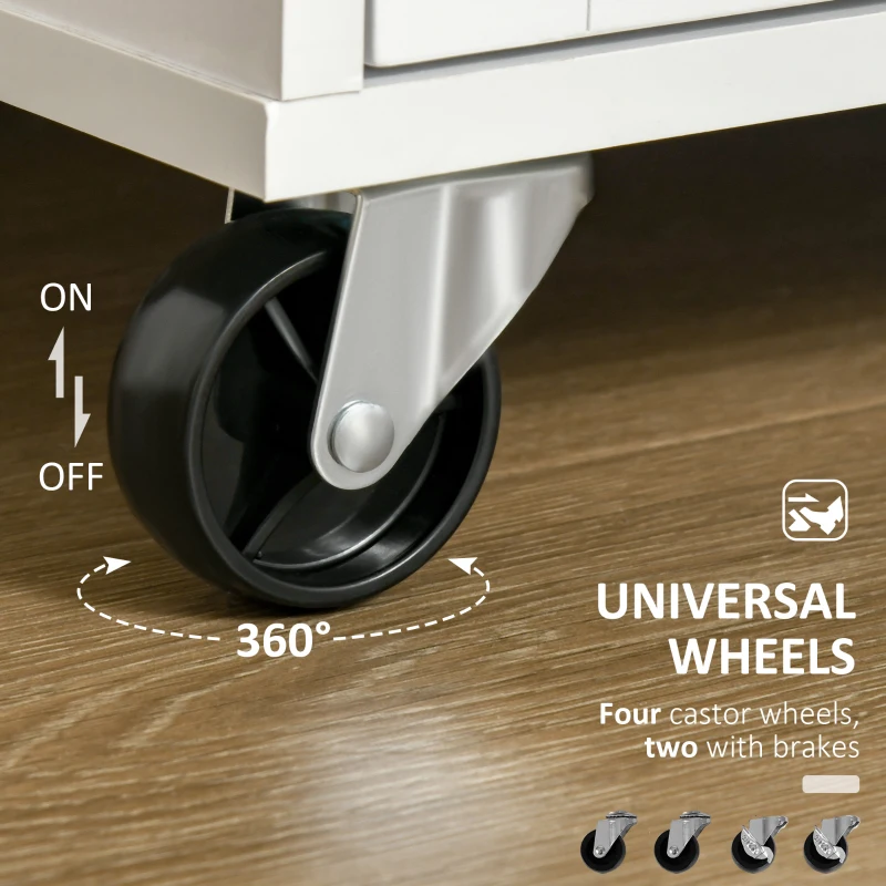 HOMCOM 41" Modern Rolling Kitchen Island on Wheels, Utility Cart Storage Trolley with Rubberwood Top & Drawers, White