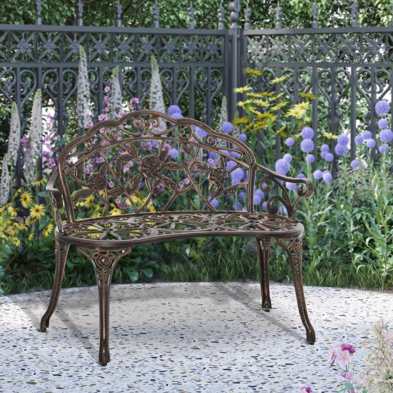 Outsunny 40" Outdoor Garden Bench, Cast Aluminum Antique Rose Style Patio Garden Park Loveseat Bench for Backyard, Porch, Balcony, Lawn, Bronze