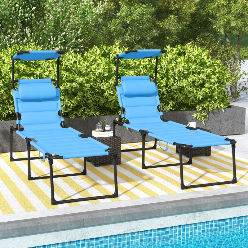 Outsunny 2 Pcs Outdoor Lounge Chair, 4 Position Adjustable Backrest, Folding, Cushioned w/ Sun Shade Roof & Pillow, Blue