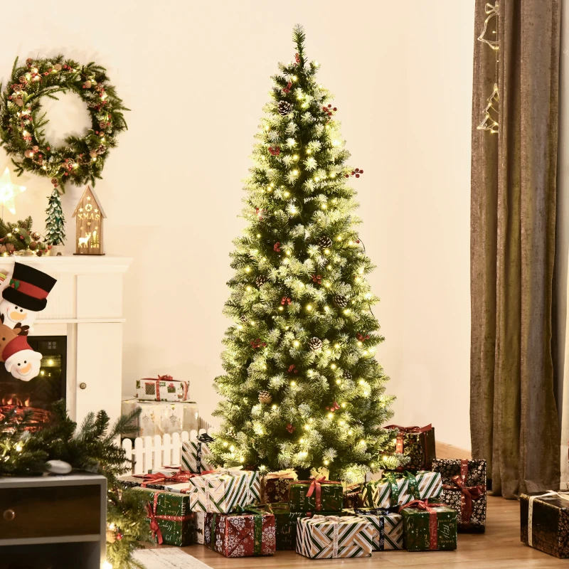 HOMCOM 6ft Pre-Lit Snow-Dipped Artificial Christmas Tree with Realistic Branches, 300 LED Lights, Pine Cones, Red Berries and 618 Tips