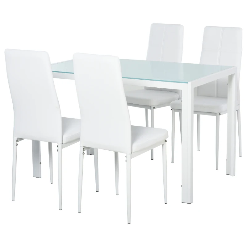 HOMCOM 5-Piece Rectangular Glass Kitchen Table and Chairs with Metal Frame and Faux Leather Upholstery for Dining Room, White