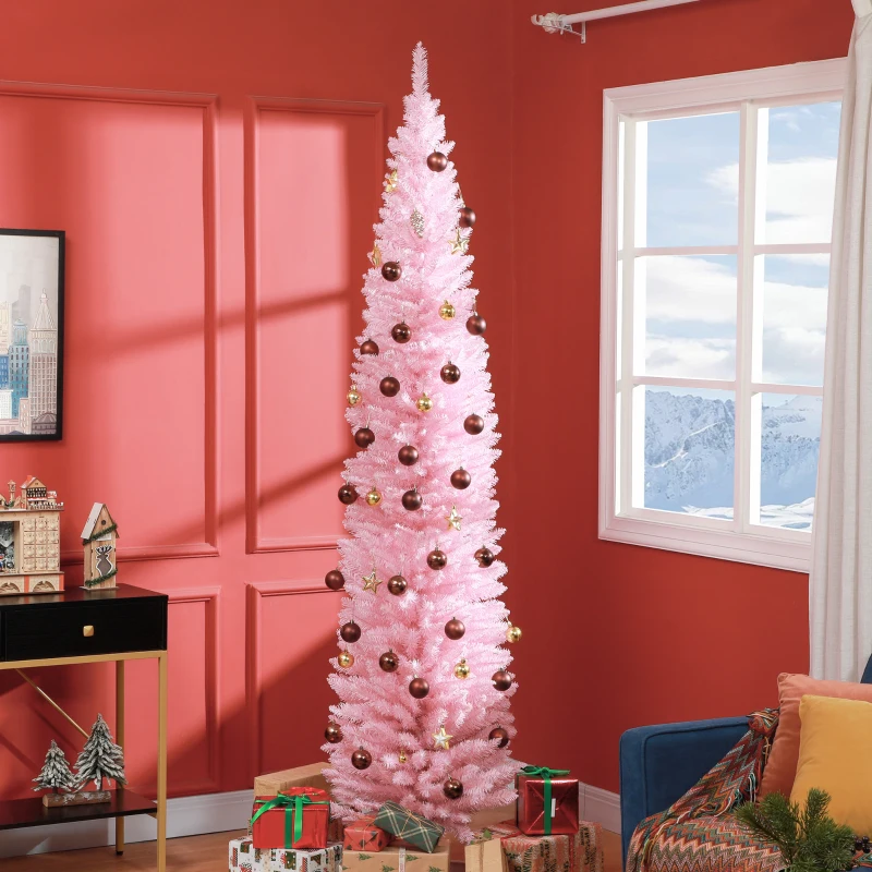 HOMCOM 8ft Unlit Pencil Artificial Christmas Tree with Realistic Branches and 618 Tips, Plastic Base, Pink