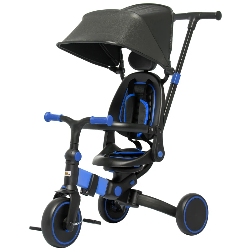Qaba 3-in-1 Toddler Trike, Push Tricycle, & Balance Bike with Adjustable Settings, Toddler Push Bike, Baby Bike with Shady Canopy, Ages 1.5-4, Blue