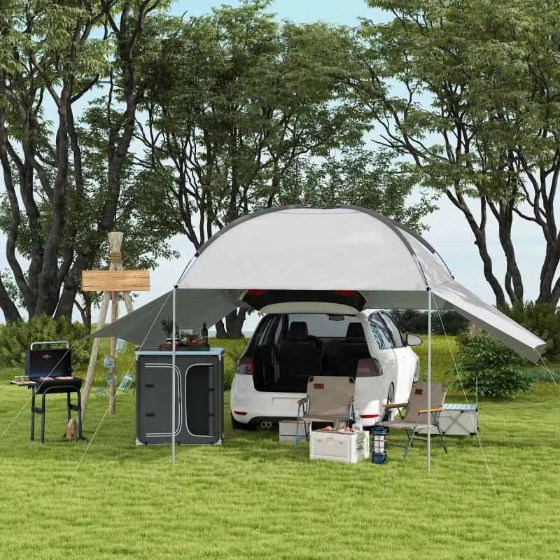 Outsunny Aluminum Camping Table, Camping Kitchen Station Cook Cupborad with 3-Shelf, Storage Organiser for BBQ Party Picnic Grey